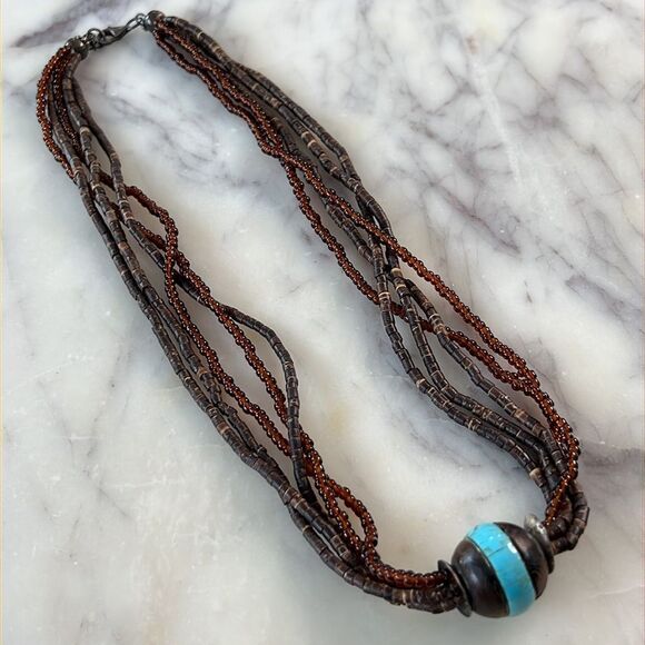 Multi strand, brown wooden and beaded necklace with turquoise - Picture 3 of 11
